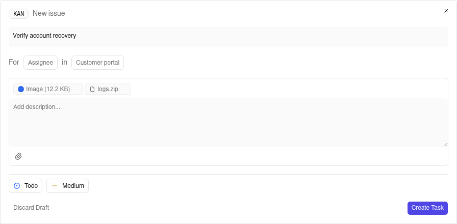 Office New Task dialog with attachment chips, a Customer portal project selected, and the Create Task action